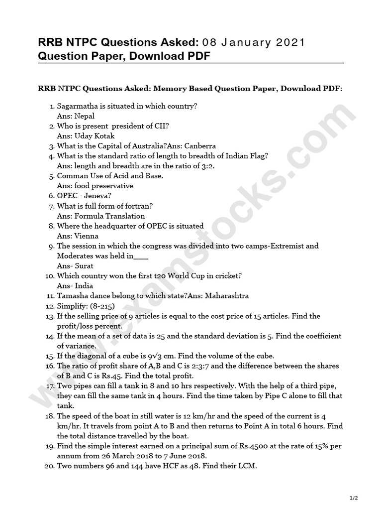 RRB NTPC 08 January 2021 Question Paper Download PDF | PDF | Travel