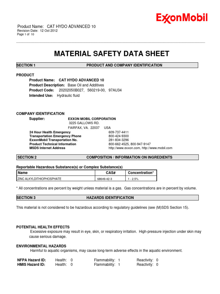 CAT Hydo Advanced 10 MSDS Overview | PDF | Firefighting | Personal ...