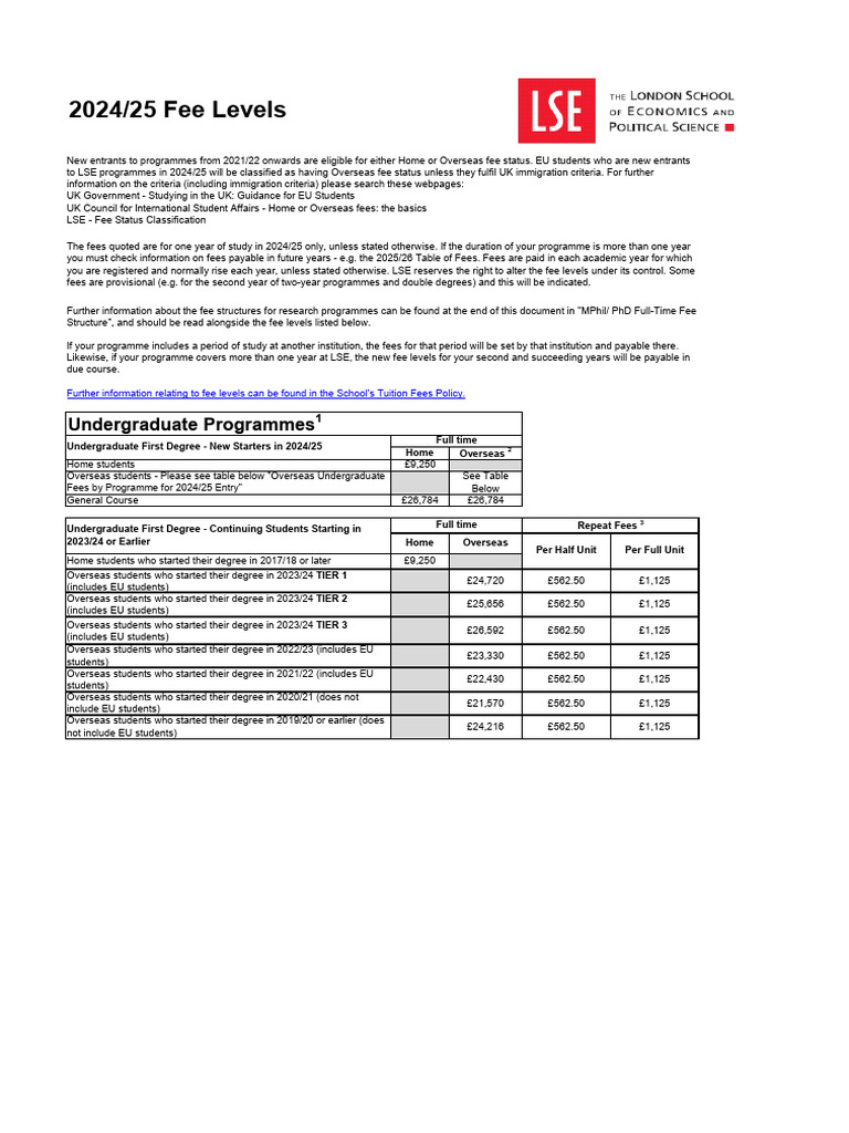 2024/25 LSE Undergraduate Fees Guide | PDF | Doctor Of Philosophy ...
