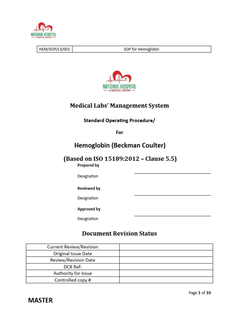001.haem BeckMan SOP NHMC | PDF | Hemoglobin | Red Blood Cell