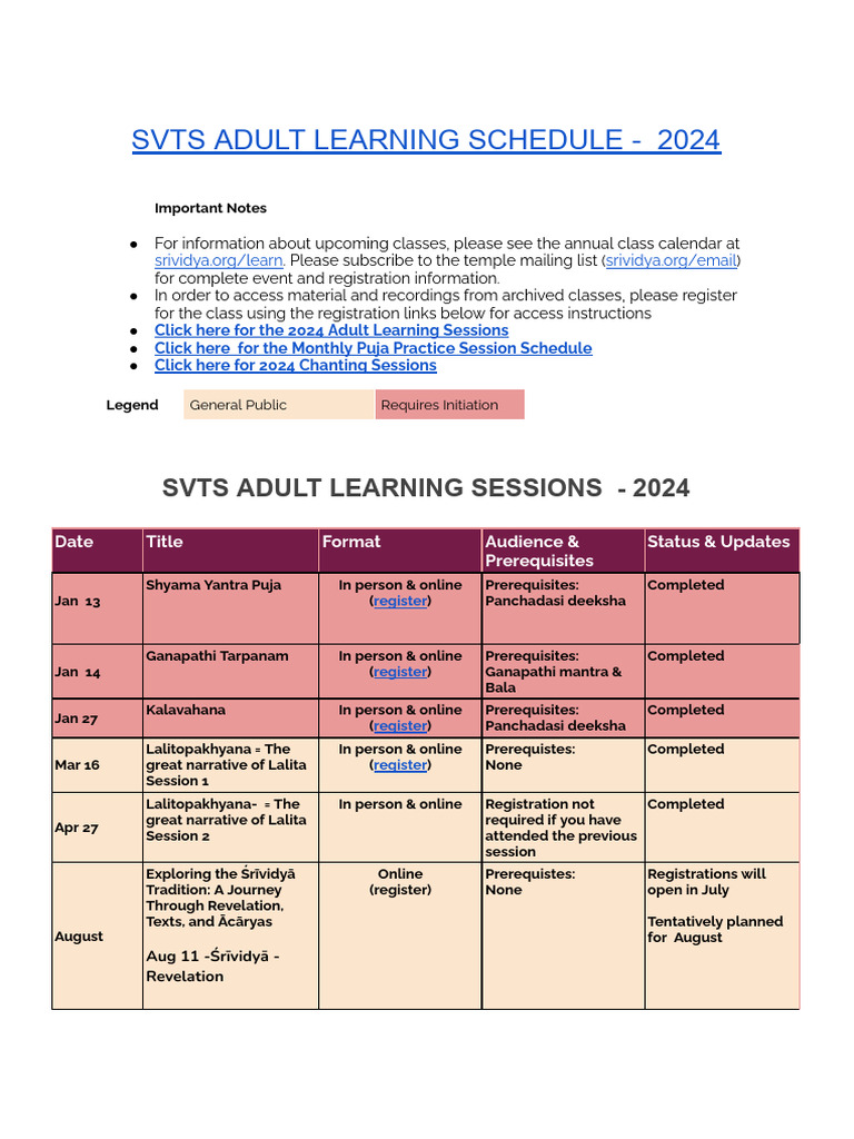 SVTS Adult Learning Schedule 2024 | PDF | Hindu Deities | Hindu Tantra