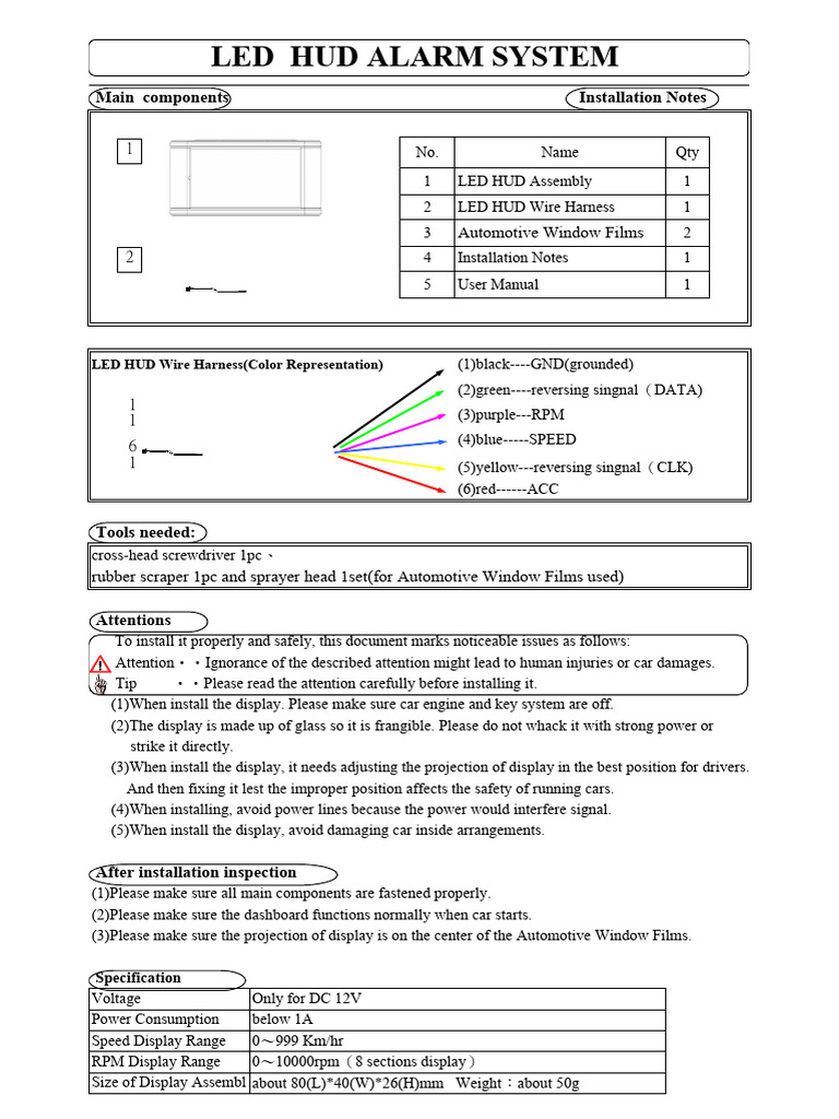 LED HUD Alarm System Installation Guide | PDF | Speed Limit | Transport