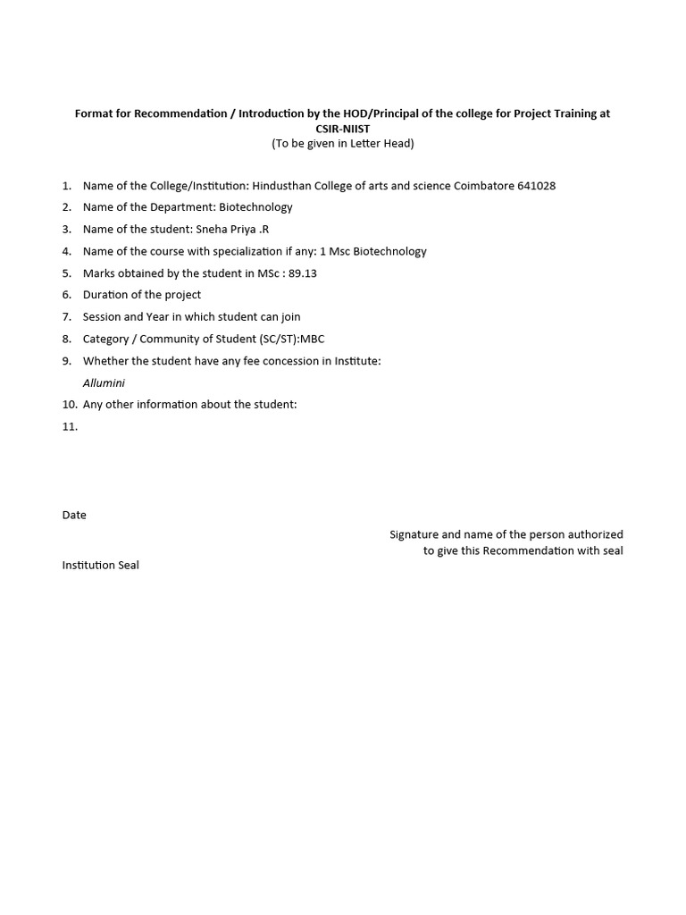 Recommendation for CSIR-NIIST Internship | PDF