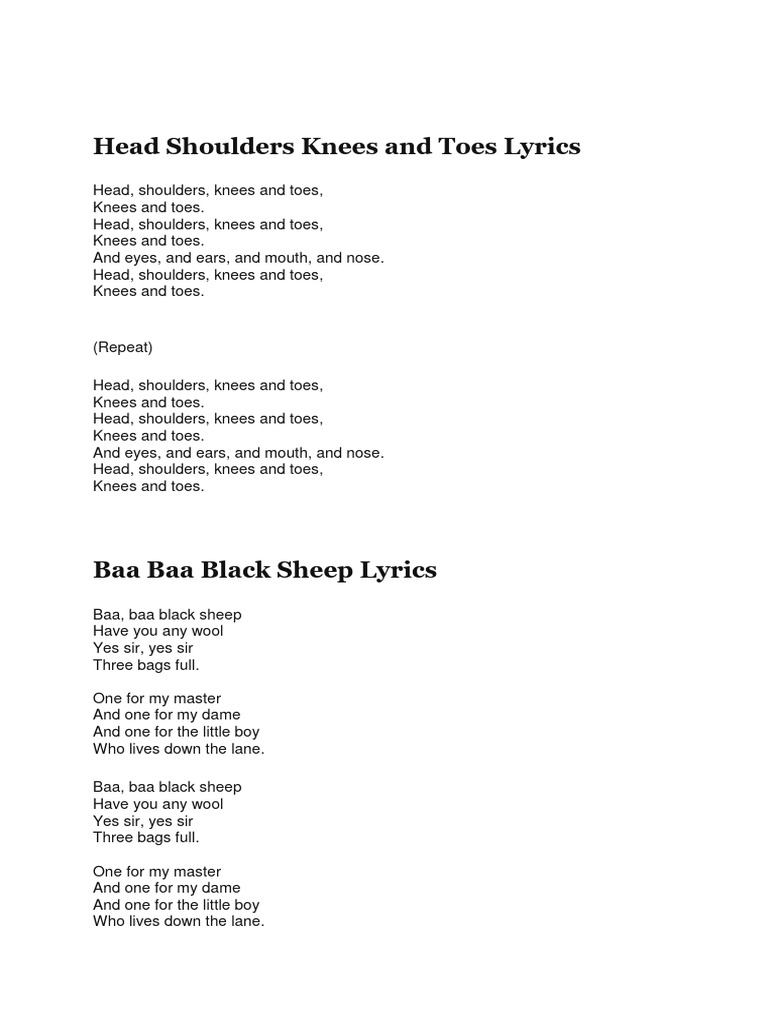 Head shoulders knees and toes lyrics pdf