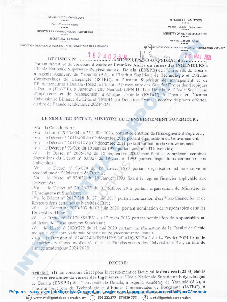 Concours ENSPD UD 2024 1ere Annee Ingenieurs FR PDF