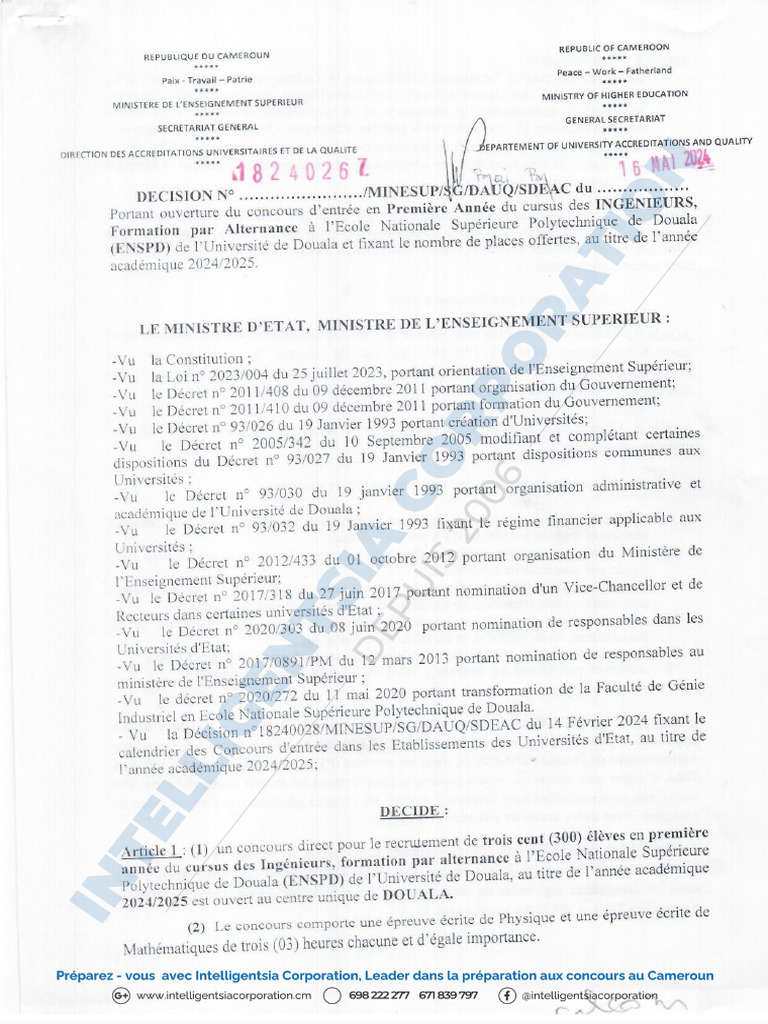 Concours ENSPD UD 2024 1ere Annee Ingenieurs Formation Par Alternance 