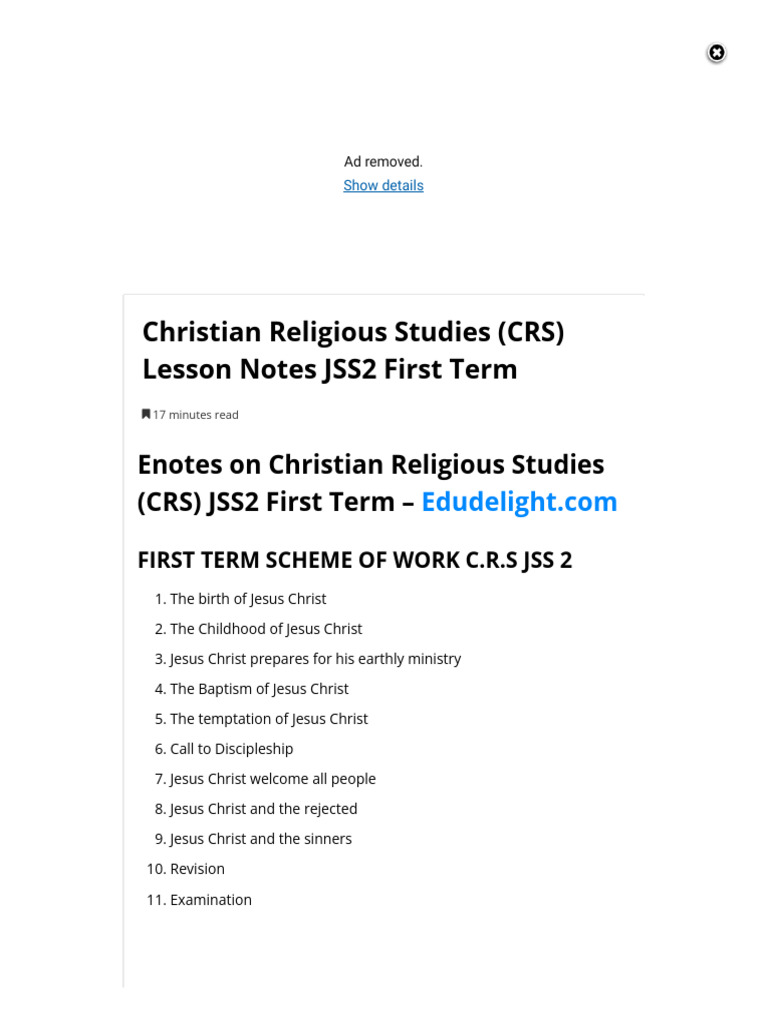 JSS2 CRS First Term Lesson Notes | PDF | John The Baptist | Jesus