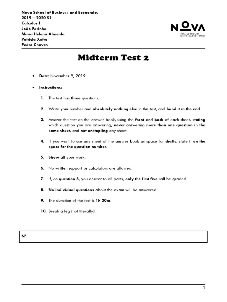 Calculus I 2019-2020 S1 Midterm Test 2 | PDF | Limit (Mathematics ...