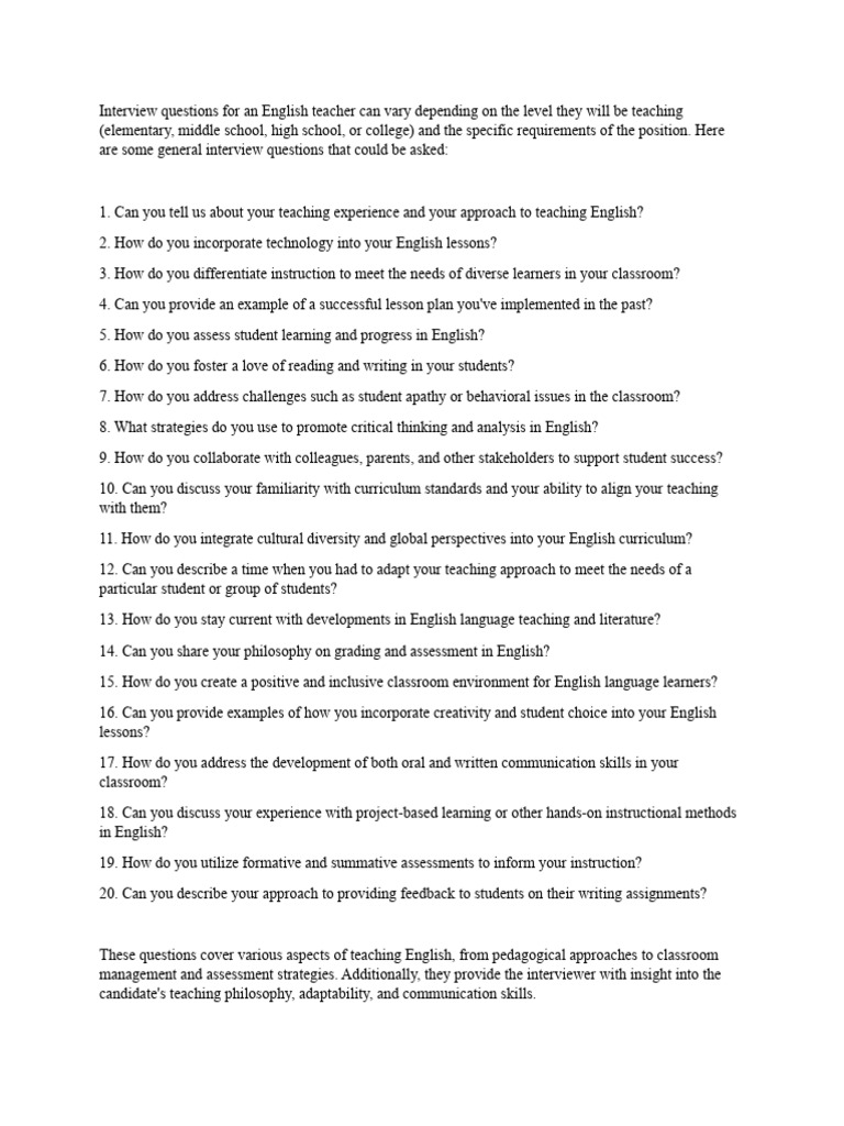 Interview Questions English Teacher PDF