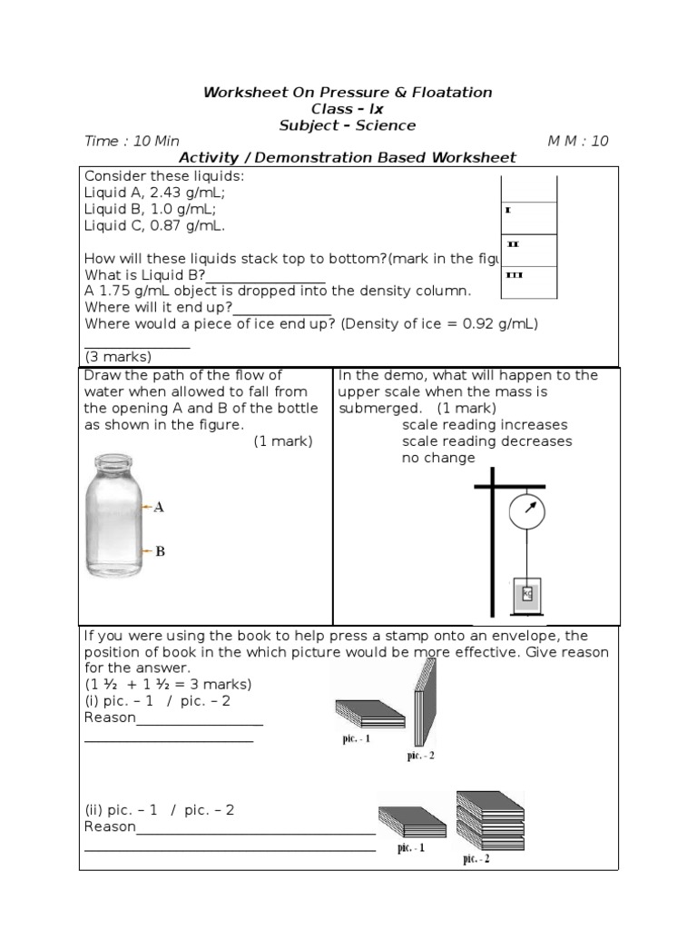 Worksheet Fa3 9th Buoyancy Physical Quantities