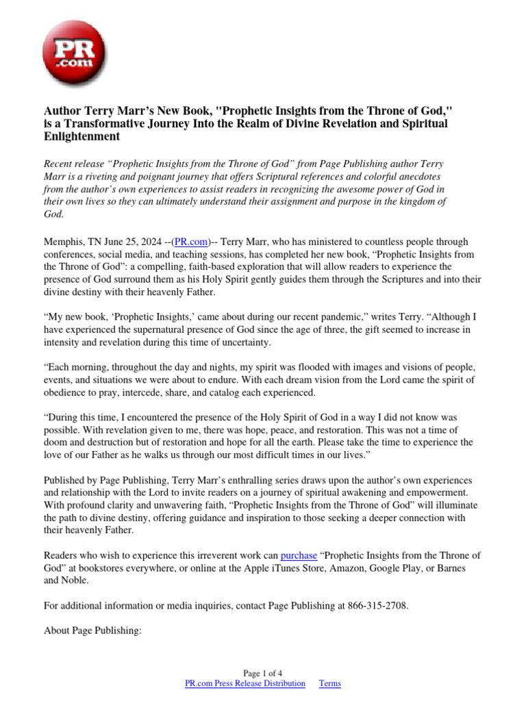 Author Terry Marr's New Book, "Prophetic Insights From The Throne of ...