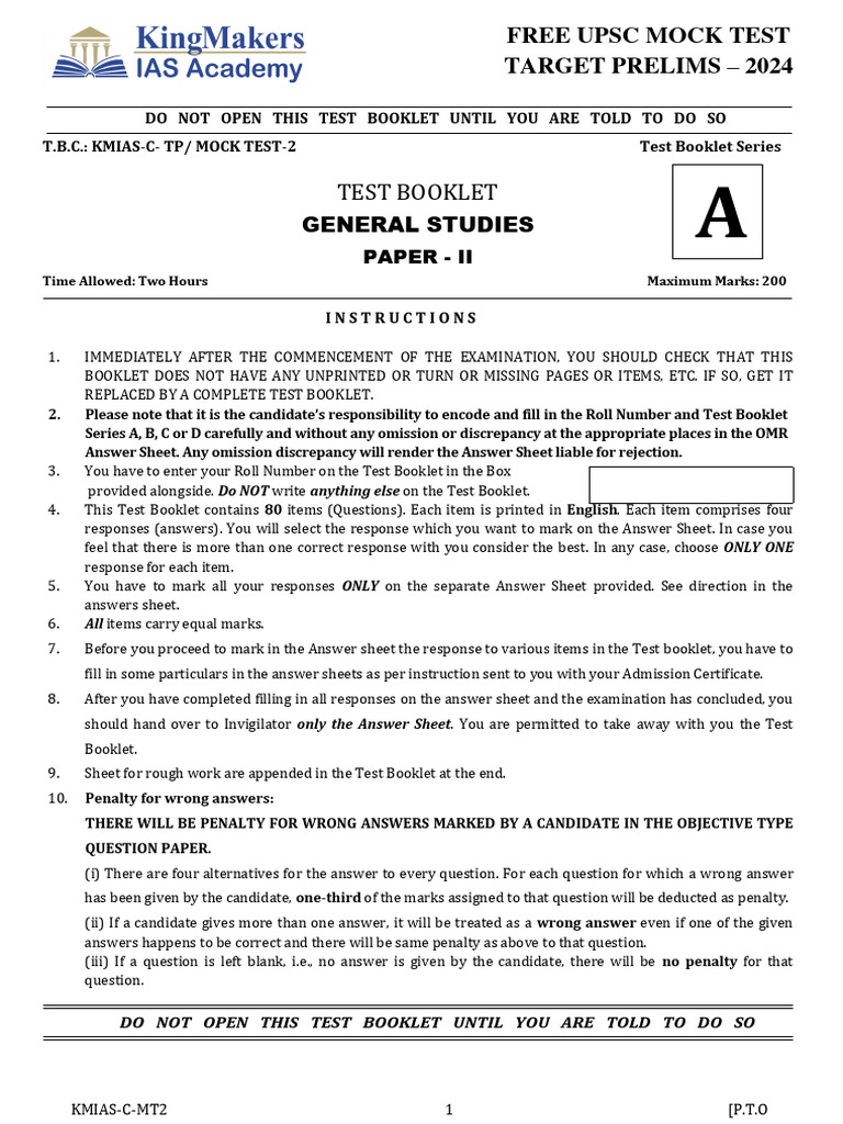 UPSC CSAT Paper 2 Mock Test 2024 | PDF | Groundwater | Water