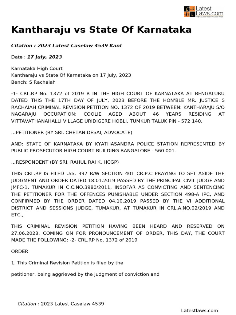 Kantharaju vs State of Karnataka Case Summary | PDF | Judgment (Law ...