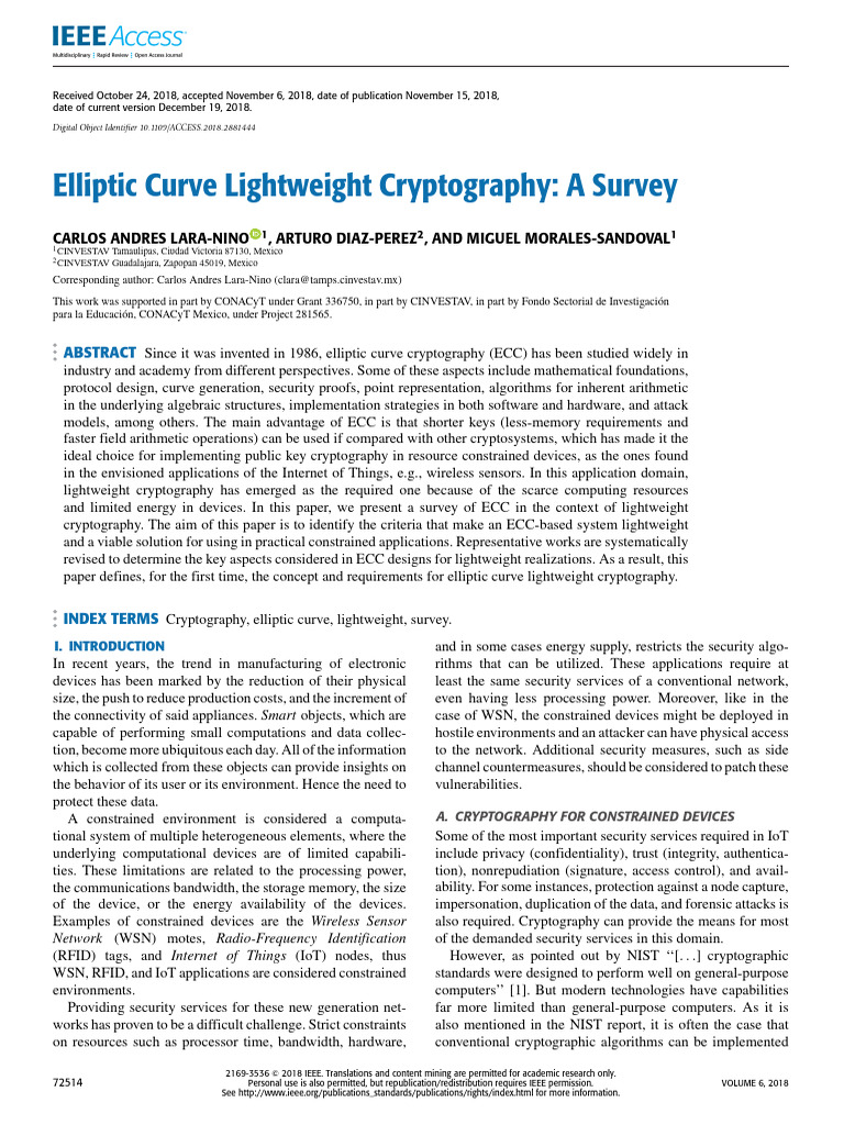 Elliptic Curve Lightweight Cryptography A Survey | PDF | Group ...