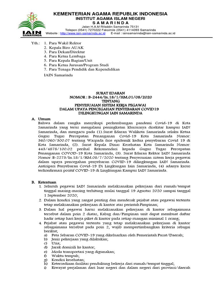 Surat Edaran Wfh Agustus 2020 | PDF