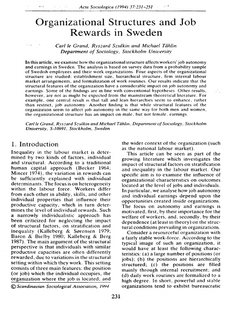 Grand et al 1994 organizational structures and job rewards in sweden