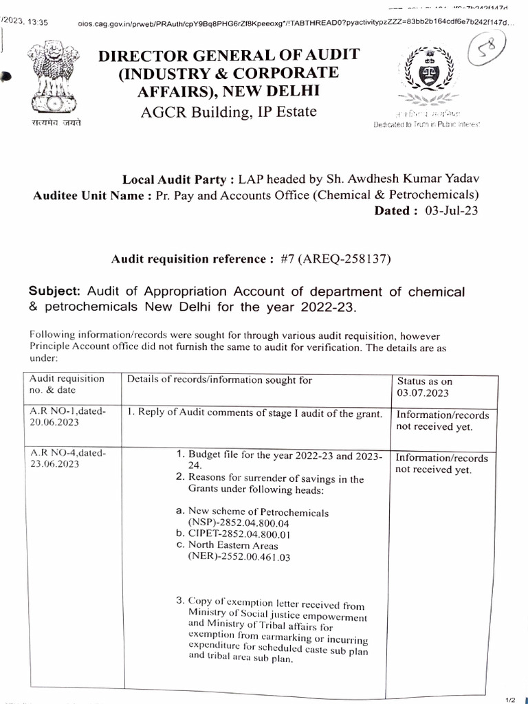 Audit Request for Chemical Accounts 2022-23 | PDF