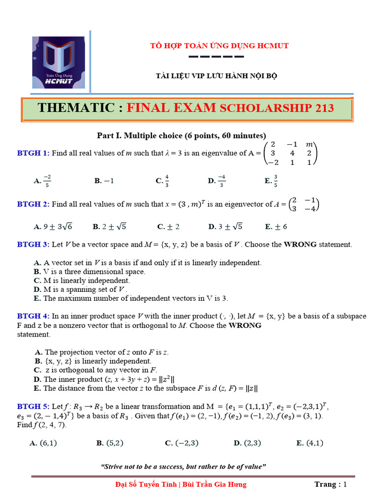 Final Exam: Linear Algebra Problems | PDF | Eigenvalues And ...