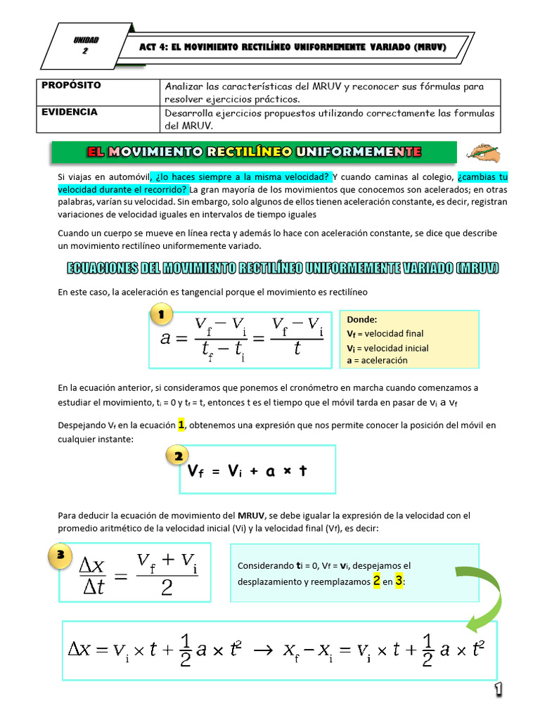 Ejercicios y fórmulas del MRUV | PDF | Velocidad | Aceleración