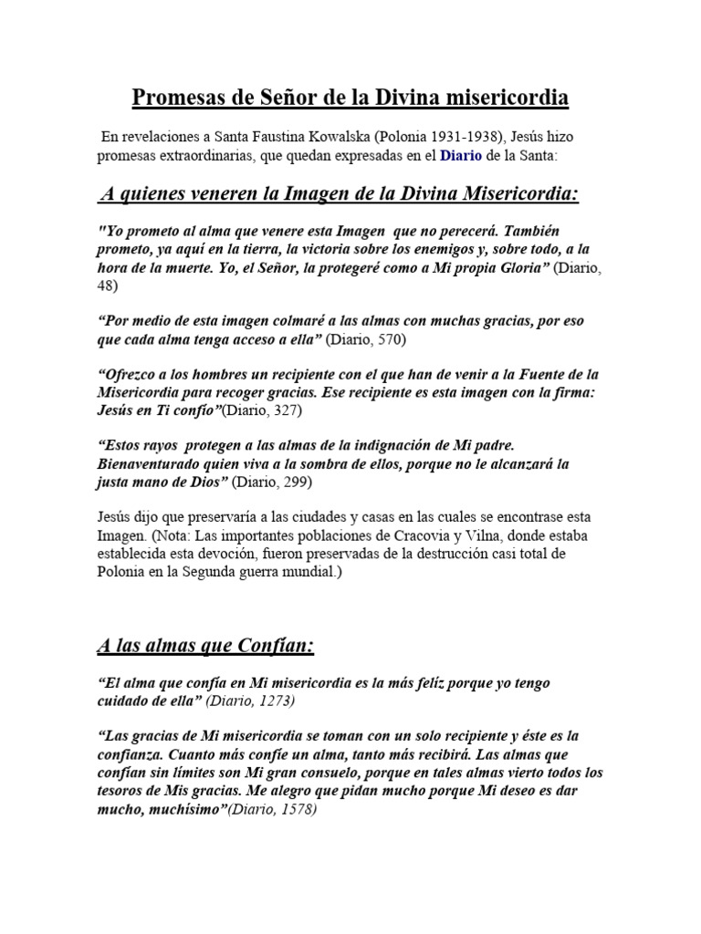 Promesas De Señor De La Divina Misericordia Pdf Creencia Religiosa