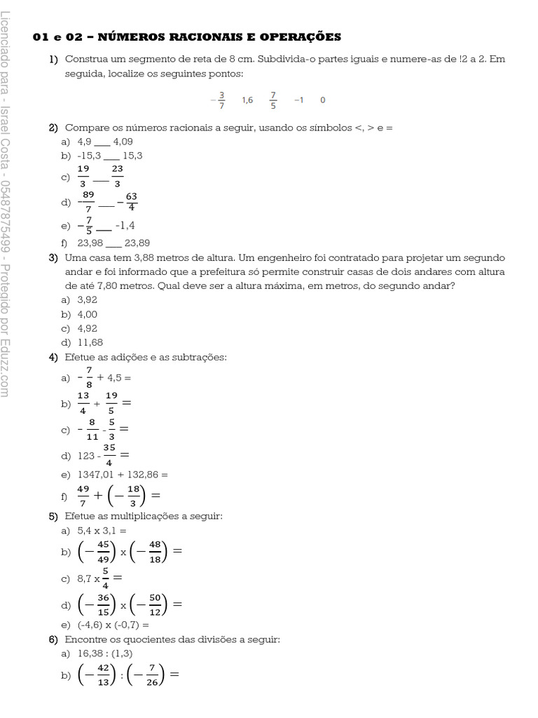 01 e 02 Numeros Racionais e Operacoes Exercicios | PDF | Juros | Matemática