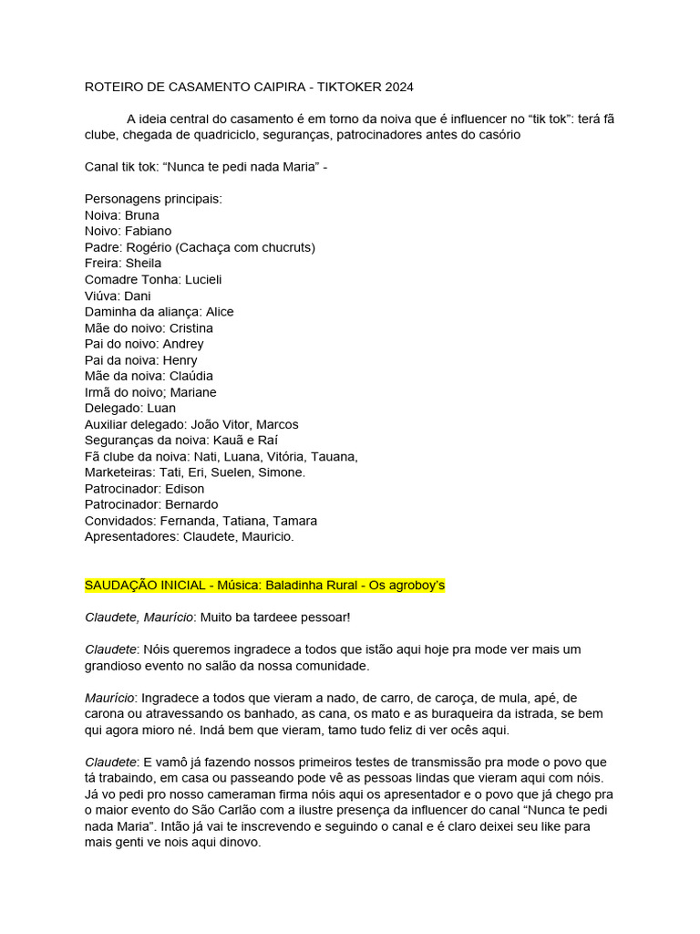 Roteiro Engraçado de Casamento Caipira | PDF