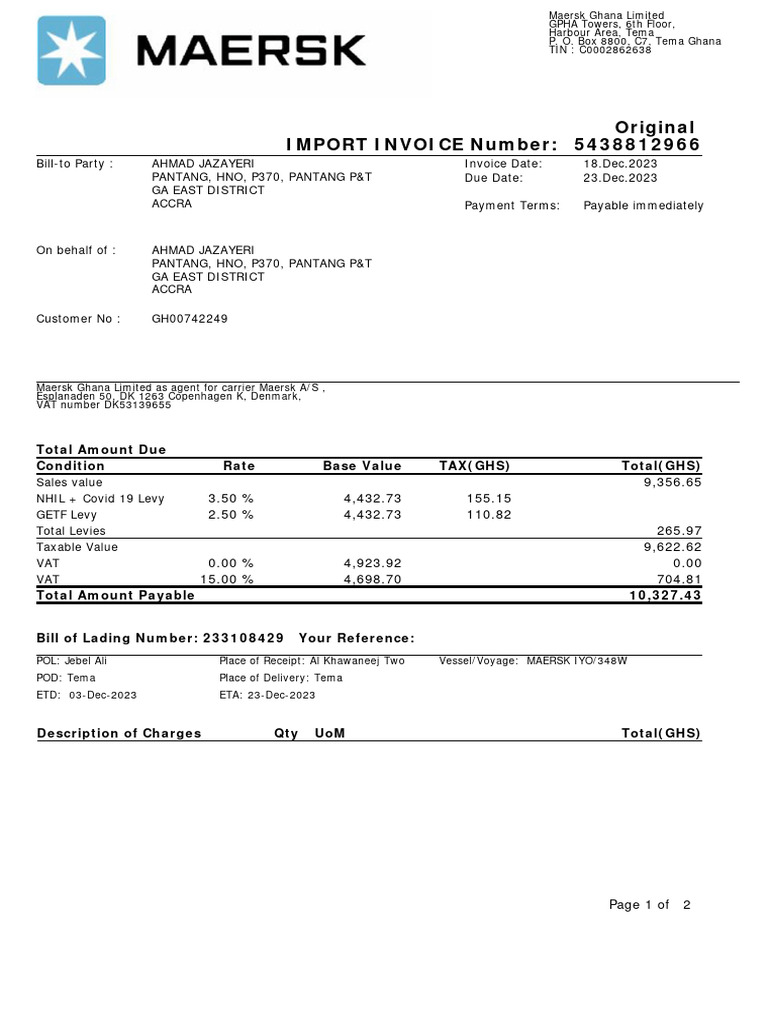 Maersk Ghana Import Invoice Details | PDF | Value Added Tax | Taxes