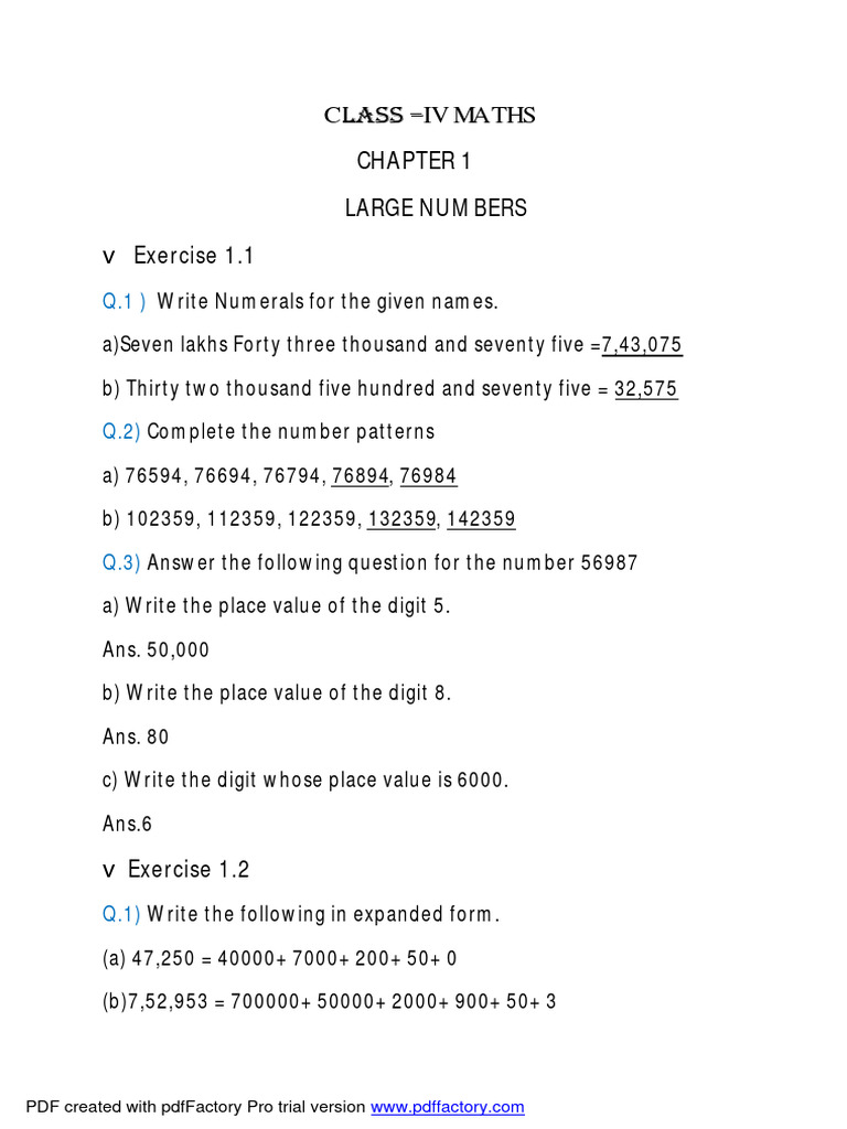 Class IV Maths: Large Numbers & Addition | PDF | Mathematical Concepts ...