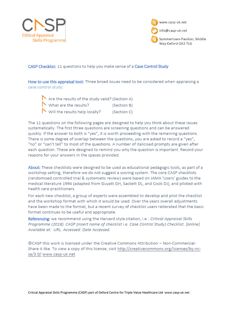 CASP Checklist for Case Control Studies | PDF | Confounding | Cohort Study