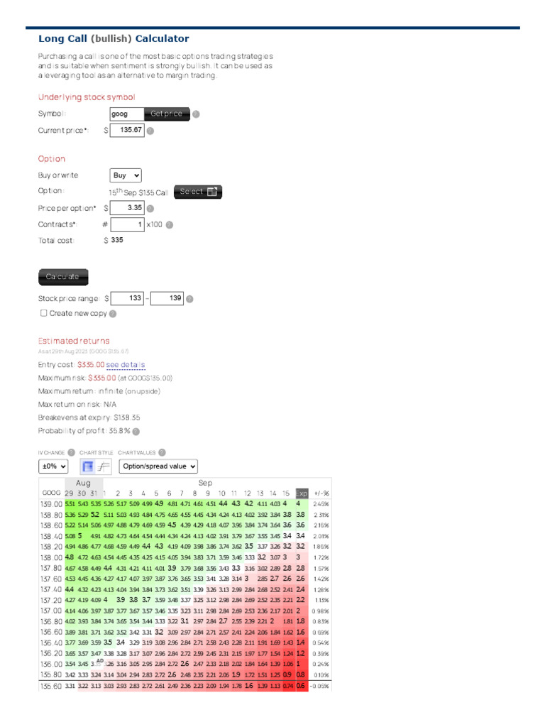 Long Call Calculator - Options Profit Calculator Goog | PDF | Option ...
