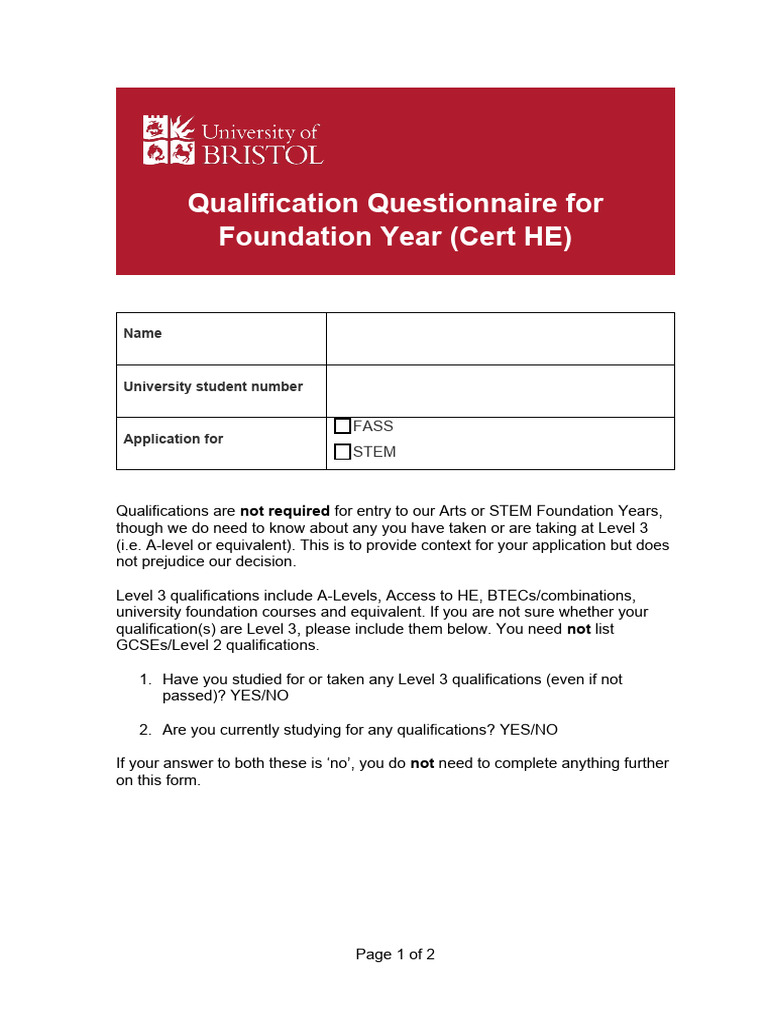 Foundation Year Qualification Questionnaire | PDF | Business | Computers