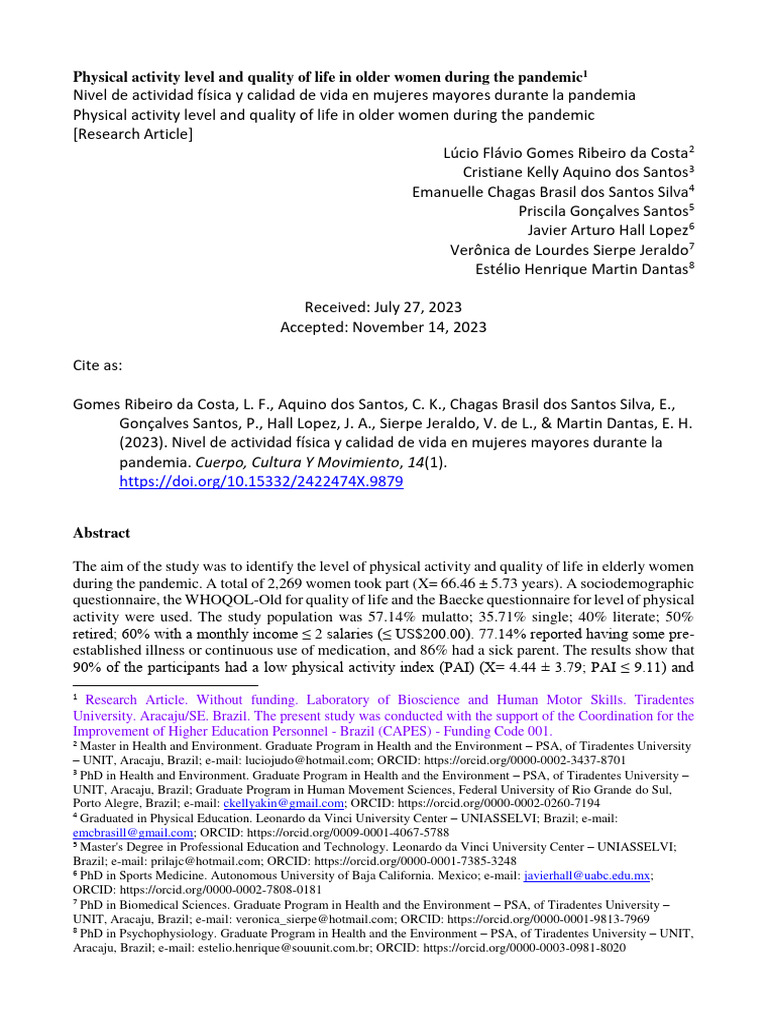Physical Activity Level and Quality of Life in Old | PDF | Self ...