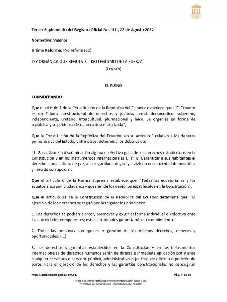 Ley Que Regula El Uso Legítimo de La Fuerza | PDF | Constitución | Policía