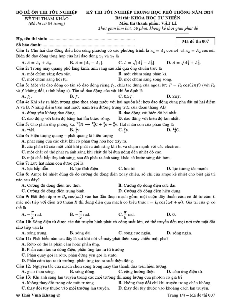 ĐỀ TK TỐT NGHIỆP THPT 2024 - MÃ 007 | PDF