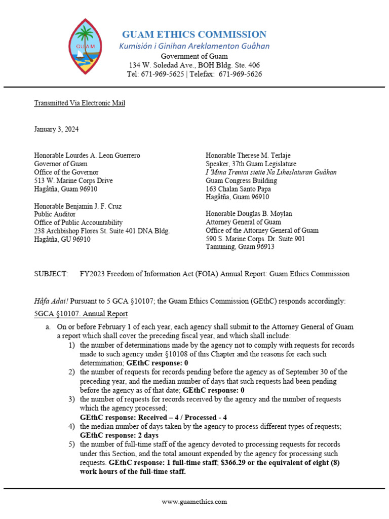 Fy2023 Freedom of Information Act Foia Annual Report Guam Ethics ...