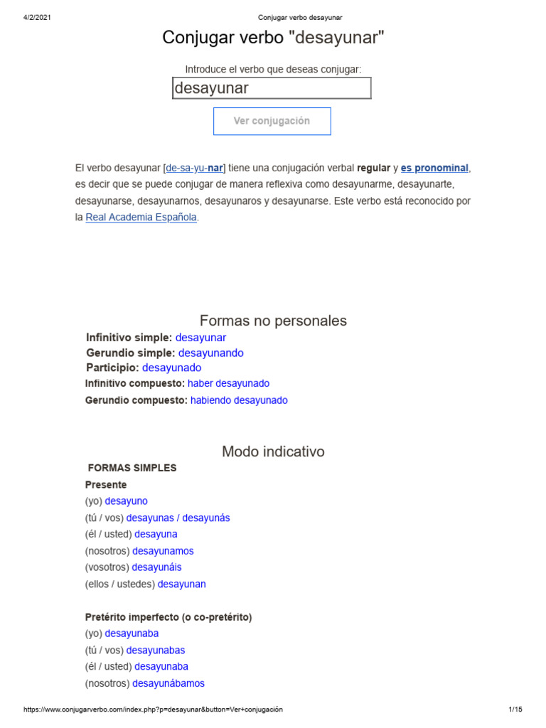Conjugar Verbo Desayunar | PDF | Lingüística | Sintaxis