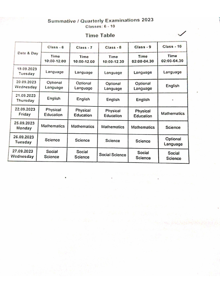 Quarterly Exam Time Table 2023 24 | PDF