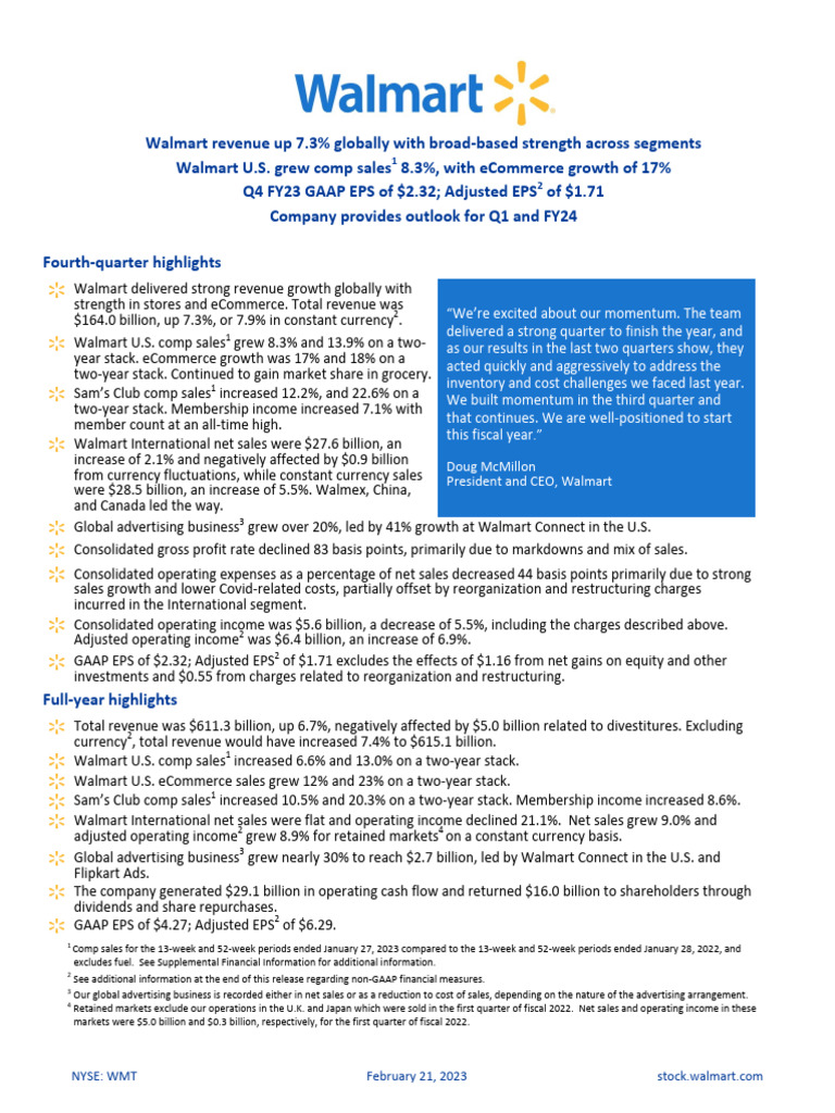 Walmart Q4 FY23 Earnings Overview | PDF | Equity (Finance) | Dividend