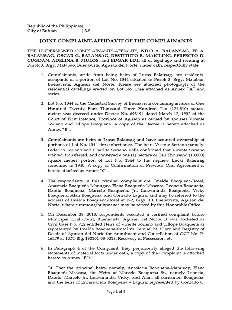 Perjury Complaint Against Boaqueña Heirs | PDF | Affidavit | Perjury
