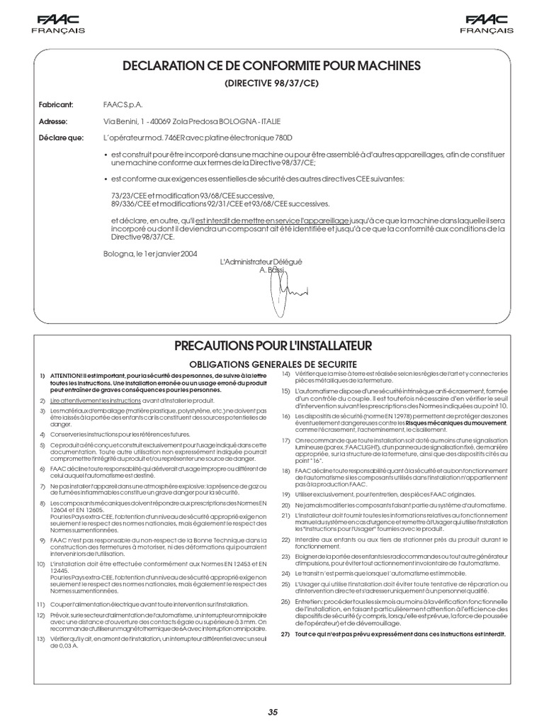 Notice d'installation moteur FAAC 746 PDF Connectique Sécurité — free download