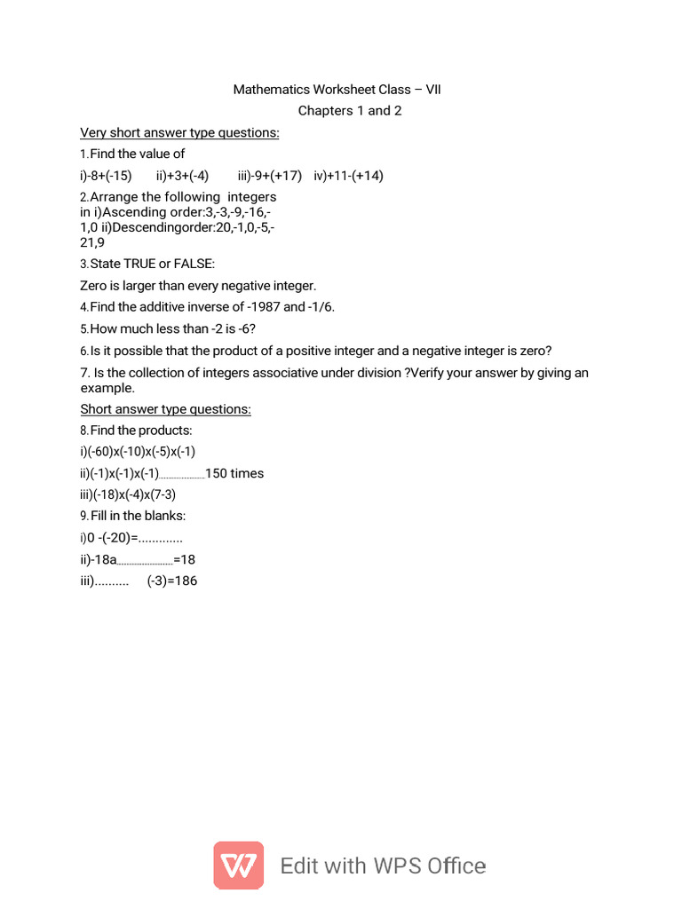 Vii Class Work Sheet of CH1 and 2 | PDF | Integer | Numbers