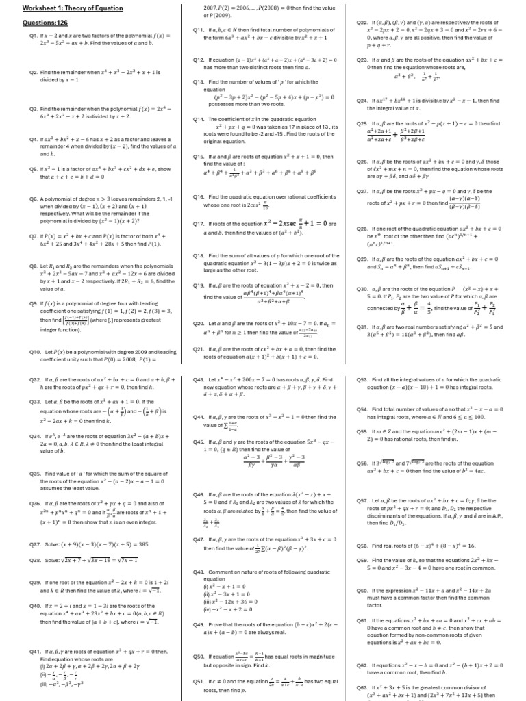 Polynomial Equations Worksheet | PDF | Factorization | Quadratic Equation
