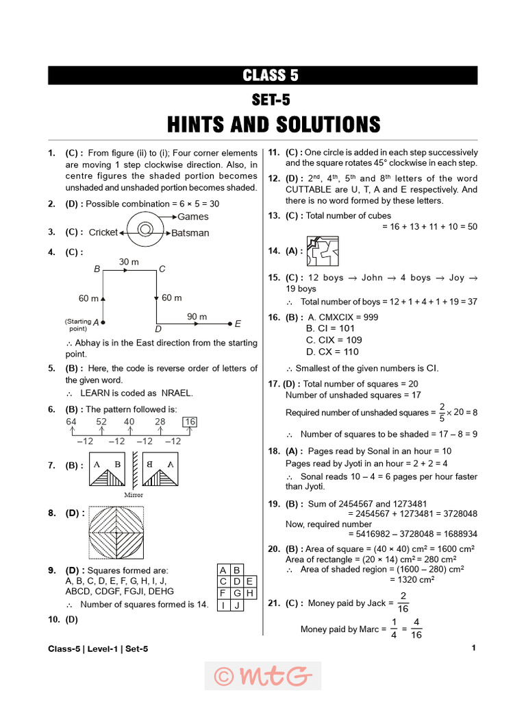 IMO Class 5 Level-1 Solutions Set-5 | PDF