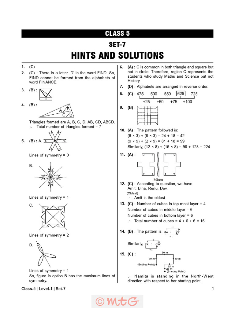 Class 5 Level 1 Set 7 Solutions | PDF | Euclidean Geometry | Geometry