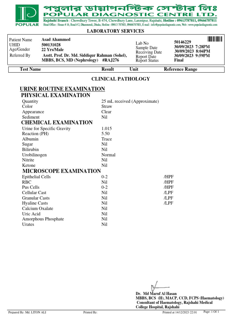 Lab Result | PDF | Clinical Medicine | Medical Specialties