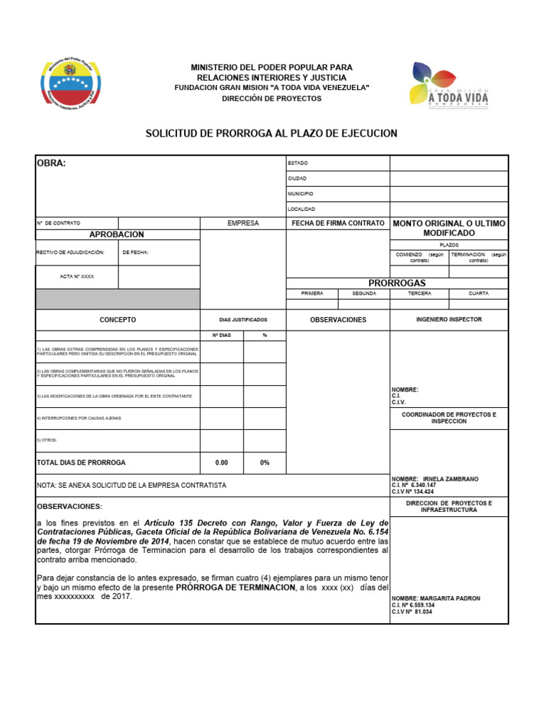 Solicitud de Prórroga de Ejecución de Obra | PDF | Gobierno