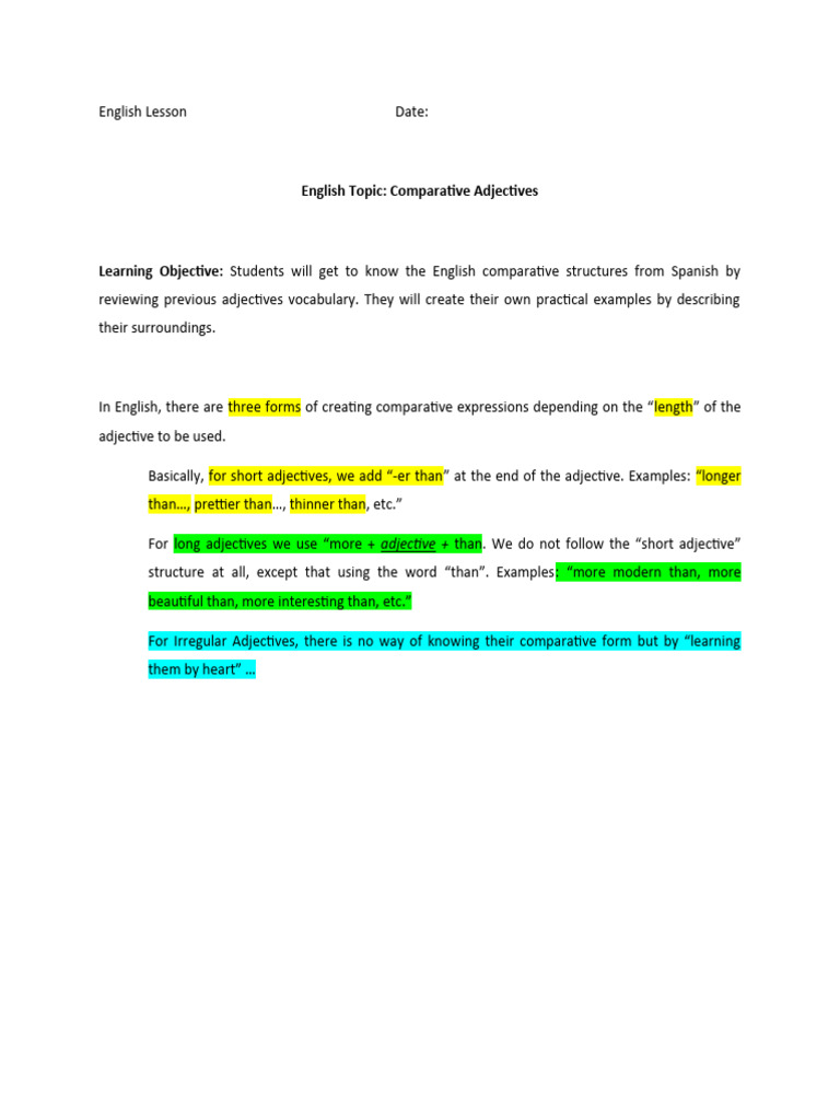 9th Lesson - in Class Notes - Comparative Adjectives | PDF | English ...