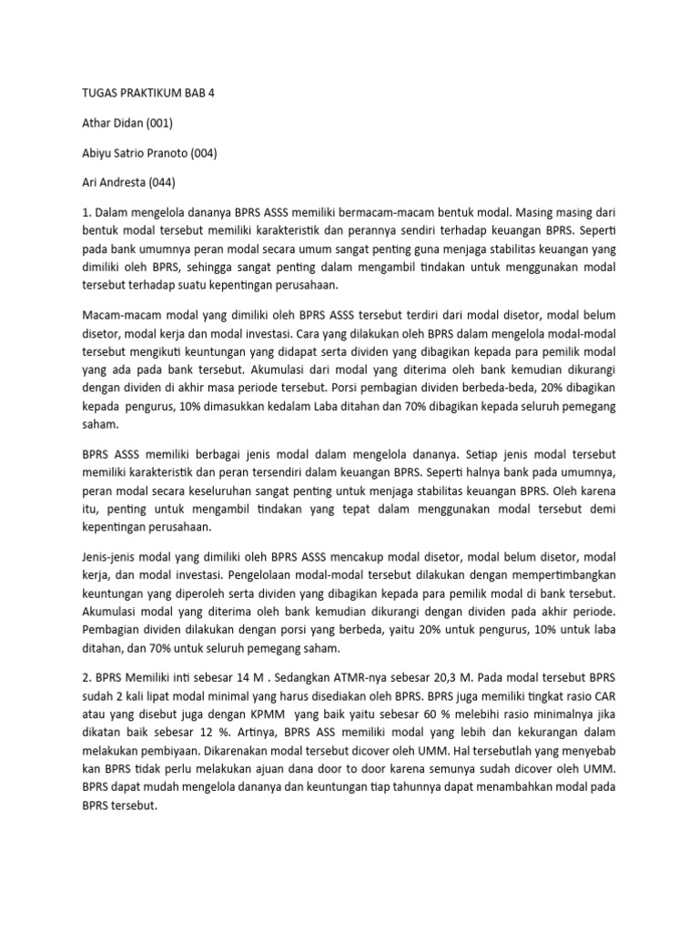 Pengelolaan Modal BPRS ASSS dan CAR | PDF