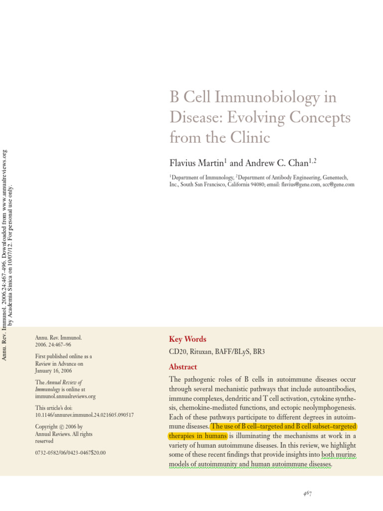 2006 B Cell Immunobiology in Disease Evolving Concepts | PDF | B Cell ...