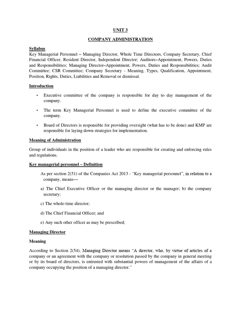 Corporate Administration Unit 3 Notes | PDF | Financial Audit | Audit